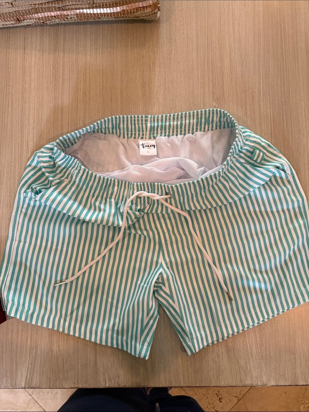 Men's Aqua Stripe Swim Trunks with Drawstring